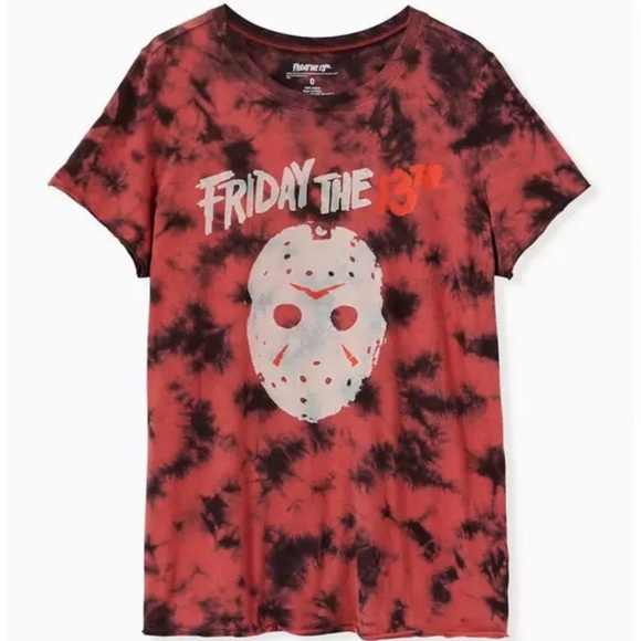 torrid Friday The 13th Crew Neck Tee Tie-Dye Red Black Horror Jason Vorhees Tee - Picture 16 of 16